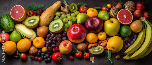 Various types of fruits with aesthetic arrangement  top view.