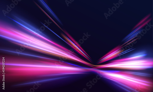 Acceleration speed motion on night road. Panoramic high speed technology concept, light abstract background. Vector illustration.