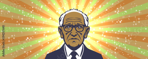 Vector portrait of an elderly very sad gray-haired man in glasses and tie against the background of orange rays, stars and sparks. Glowing wide banner.