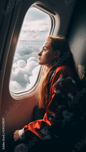A woman leans out of an airplane window to look at the clouds, amber and red light style. we're free. travel. image created with ai