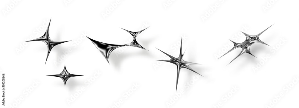 Set of vector objects in 3d style. Deformed acid forms of the sun and stars, sun rays, glare and glare in modern brutalist style.