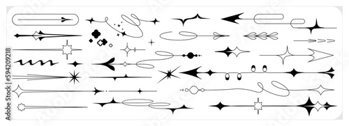 A set of abstract linear objects in the Korean style y2k. Arrows and elements to indicate the borders in the book layout. Sharp unusual shapes with rays, stars and flashes. Direction pointers.