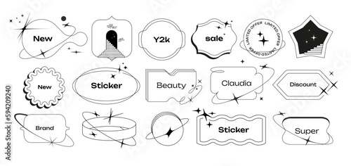 This vector set features Y2K-inspired stickers, bubbles, chat messages, labels, Korean-style logos, tags, figures, and elegant coupons. Sale labels and premium tags.