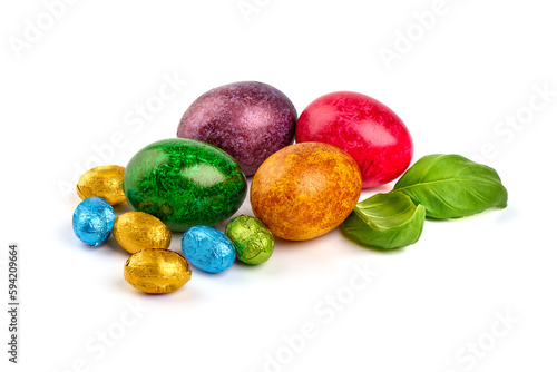Colorful easter eggs, isolated on white background. Copy space.