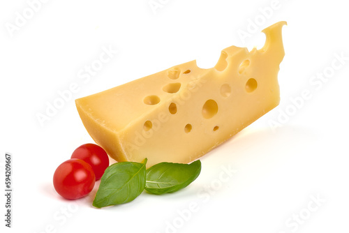 Emmental or maasdam cheese, close-up, isolated on white background.