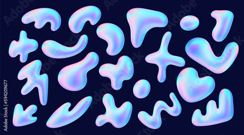 3d hologram liquid abstract shape. Set y2k holographic fluid vector element for moden futuristic y2k design