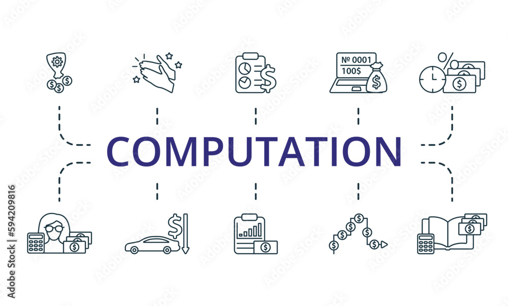 Computation outline set. Creative icons: asset, appreciation, balance sheet, individual account, credit, bookkeeper, depreciation, income statement, cash flow, ledger account. Computation outline set. Creative icons: asset, appreciation, balance sheet, individual account, credit, bookkeeper, depreciation, income statement, cash flow, ledger account.