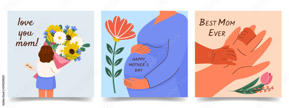 Happy Mother day greeting cards set. Motherhood holiday postcards. Mom themed designs backgrounds with Pregnant woman, Child with spring bouquet flowers, Baby and Woman hands Flat vector illustration