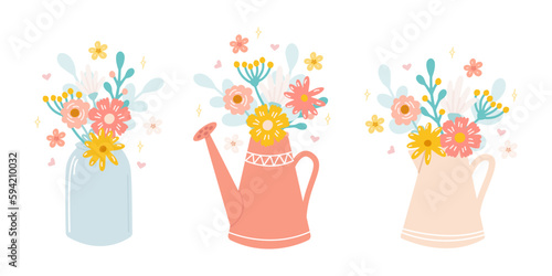Set of cute beautiful flower bouquets in jar, jug and watering can. Vector illustration in flat style. Floral decor for invitations, postcards, stickers