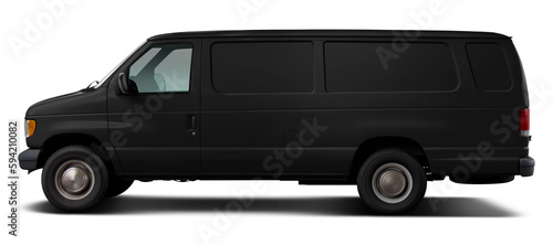Classic American black cargo van. Side view on a transparent background in PNG format.