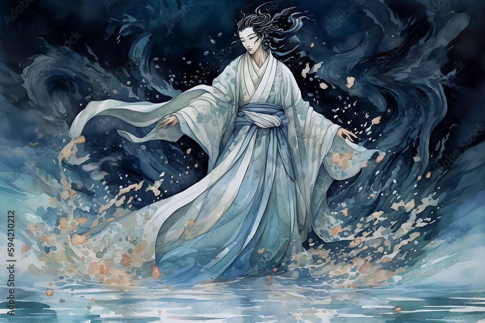 watercolor male cultivator in white hanfu dancing underwater, mystic, dramatic, storybook illustration, action, cinematic, wallpaper, generative ai