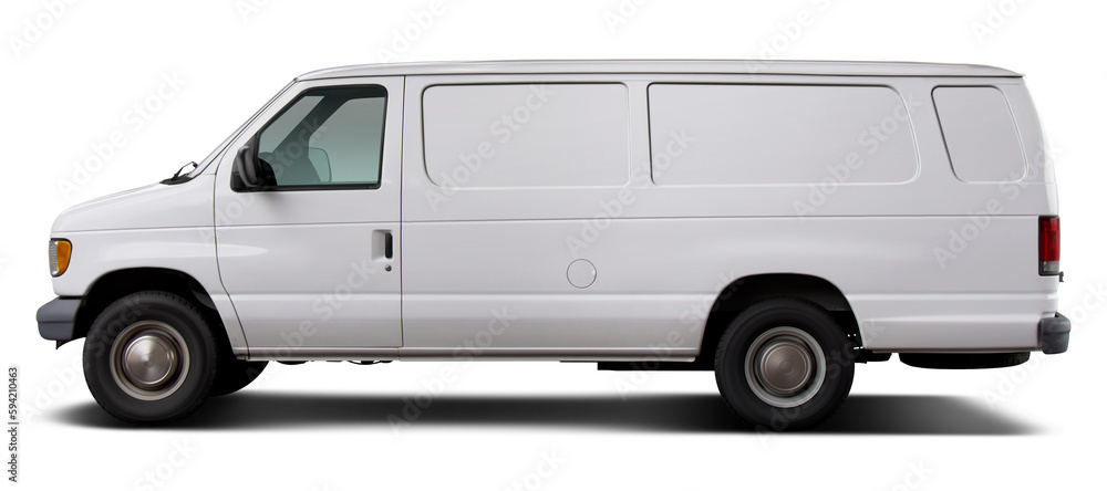 Classic American white cargo van. Side view on a transparent background in PNG format.