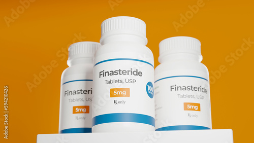 Finasteride tablets bottle on orange background. 5-Alpha reductase inhibitor. Prevents formation of DHT. 3d rendering. photo