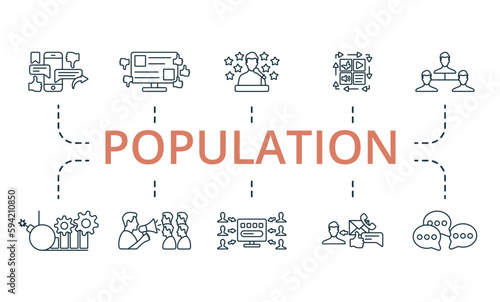Population outline set. Creative icons: social media, blogging, reputation, content dymanizer, community connection, crisis management, public relations, sem, inbound, communication.