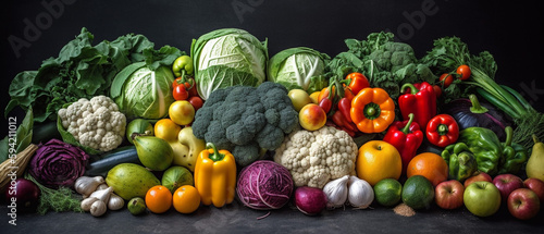 Group of vegetables  Top view with aesthetic arrangement  Black background.