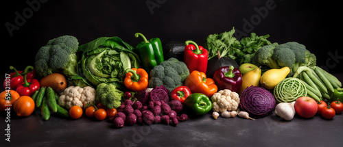 Group of vegetables  Top view with aesthetic arrangement  Black background.