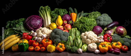 Group of vegetables, Top view with aesthetic arrangement, Black background.