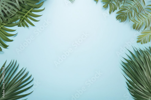 leaves frame on blue background. Generative ai