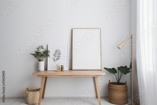 Blank wooden picture frame mockup in modern interior. Vertical template mock up for artwork, painting, photo or poster in interior design, generative AI
