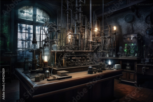 Abandoned factory interior. Dark toned image. Generative AI