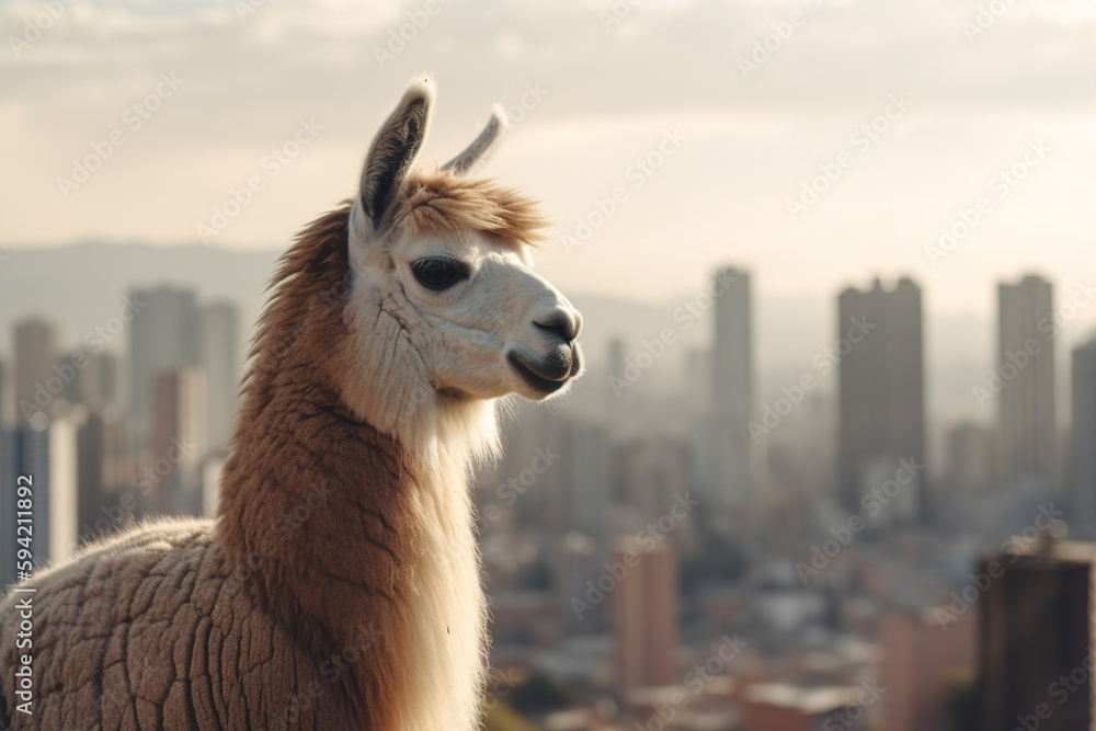 Obraz premium Adorable llama posing with a stunning city skyline in the background. Generative AI