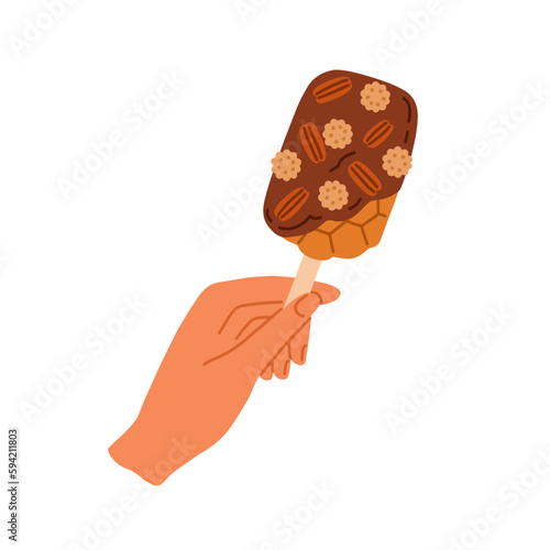 Glazed waffle on stick. Hand holding dipped sweet sugar wafer dessert with chocolate icing, nuts decoration. Yummy tasty choco toffee snack. Flat vector illustration isolated on white background