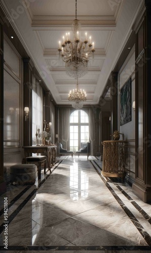 luxurious interior design. hotel interior with marble. Generative AI © Simone