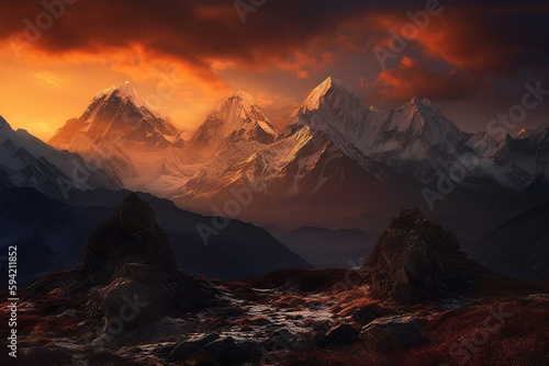 Majestic mountain range at sunset in a land of mythical dwarves. Generative AI © yarohork