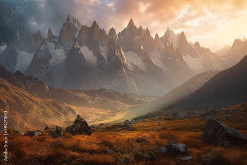 Majestic mountain range at sunset in a land of mythical dwarves. Generative AI