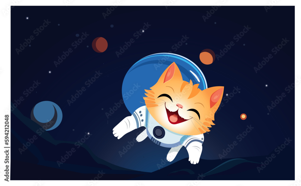 Astronaut cat is flying in space. Vector illustration for postcard, banner, web, art design.