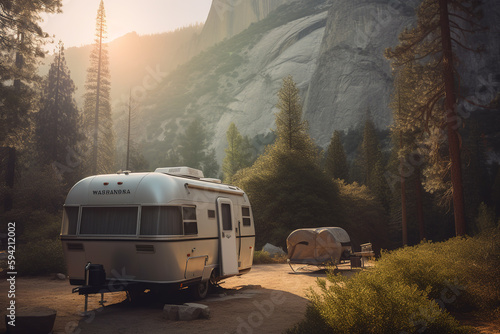 Trailer parked at National Park. Forest and mountains background. Generative AI photo