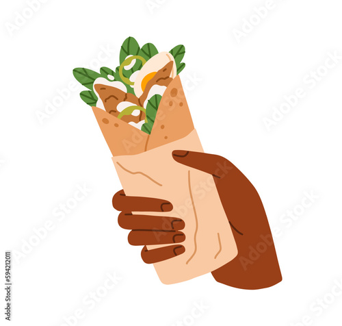Hand holding shawarma, kebab roll. Shaurma wrap with meat and vegetable filling, street food. Doner, shawerma snack with chicken and egg. Flat vector illustration isolated on white background