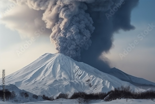 Enormous clouds from Shiveluch mountain eruption in Kamchatka. Generative AI © yarohork