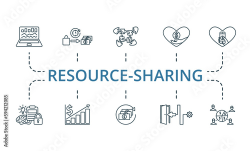 Resource sharing outline set. Creative icons: funding platform, liquidity, collaboration, donation, online donation, intellectual property, revenue, investments return, exit strategy, shareholders.