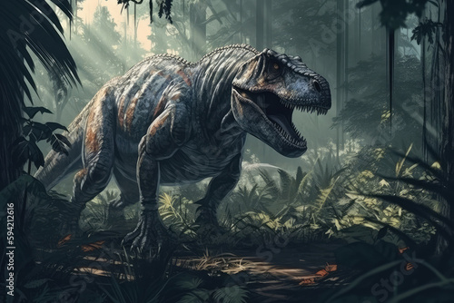 Extremely detailed and realistic illustration of dinosaur, t rex hunting in prehistoric jungle, generative AI © Kien
