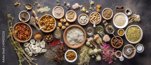 Group of traditional medicine, top view with aesthetic arrangement on concrete background.