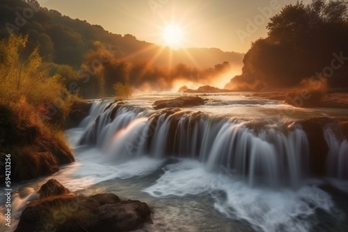 beautiful waterfall on sunrise with water flowing in the foreground mystical scenery. Generative AI