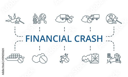 Financial crash outline set. Creative icons: sanctions, financial crisis, export ban, import ban, impeachment, logistic crisis, embargo, air traffic ban, economic default, economic crisis.
