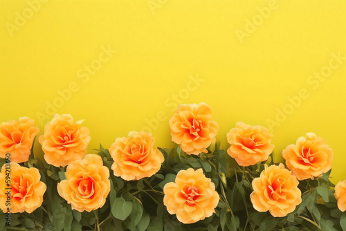 flat lay view of flowers on yellow background  generative ai 