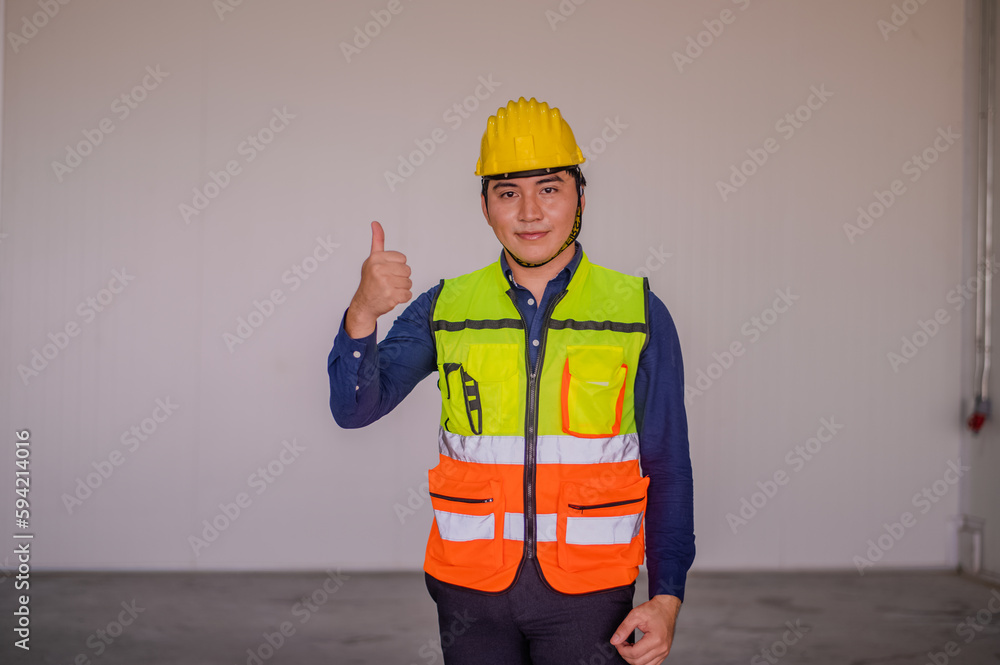 Asian Engineer standing in factory posting confident , Engineer construction happy job success with in target planning Asian Engineer standing in factory posting confident , Engineer construction happy job success with in target planning