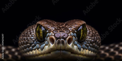 Deadly black snake looking into the camera. Exotic snake look at you. Snake eyes. Reptile predator. Agressive snake face close up photo