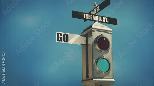 3D rendering of a traffic light symbolizing the dichotomy of free will vs fate. photo