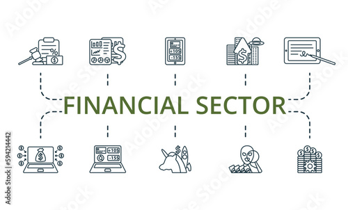 Financial sector outline set. Creative icons: tax regulation, financial data analytics, digital banking, future of money, electronic signature, crowdfunding platform, e-banking, unicorn startup, fraud
