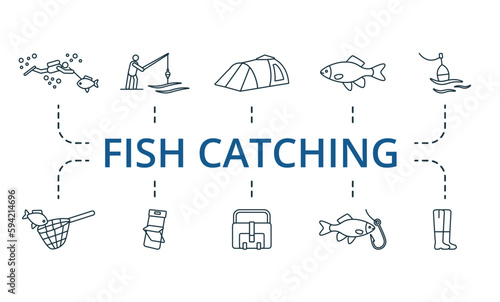 Fish catching outline set. Creative icons: spearfishing, fisherman, tent, fish, float, landing net, folding chair, fishing bag, fish on hook, fishing boots.