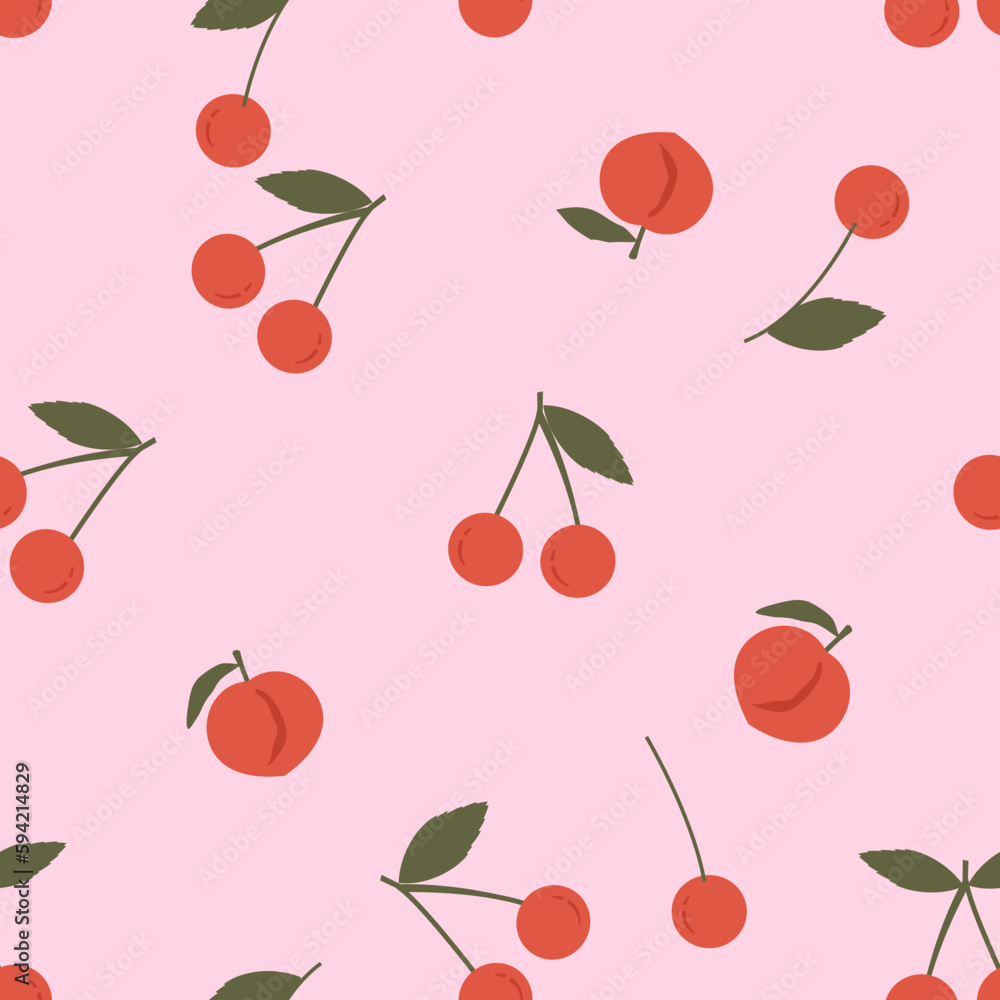 Seamless pattern of cherries and peach fruit with green leaves on pink background vector illustration. Seamless pattern of cherries and peach fruit with green leaves on pink background vector illustration.