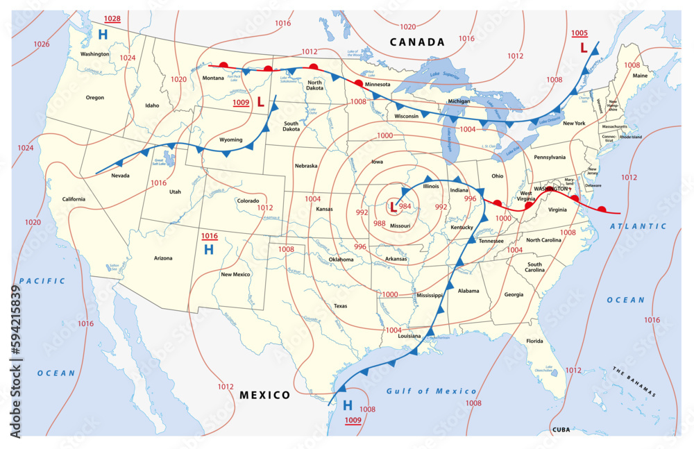 Fictional map of North America with isobars and weather fronts. Meteorological forecast.