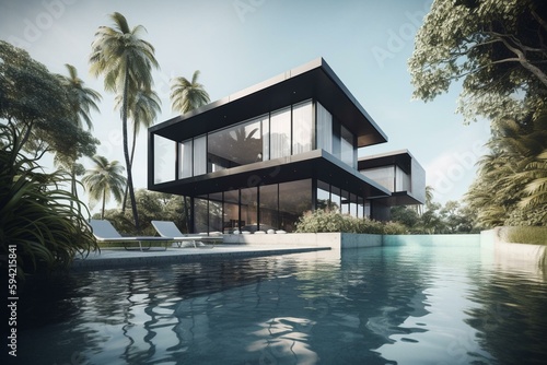 Modern tropical residential villa with swimming pool and sea view. Contemporary resort. Generative AI © Ryan