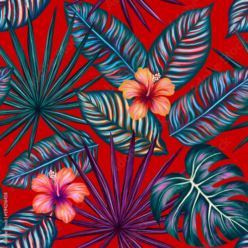 Tropical seamless pattern. Colorful vivid print with beautiful palm jungle leaves and flowes. Repeated luxury design for packaging  cosmetic  fashion  textile  wallpaper. Realistic high quality