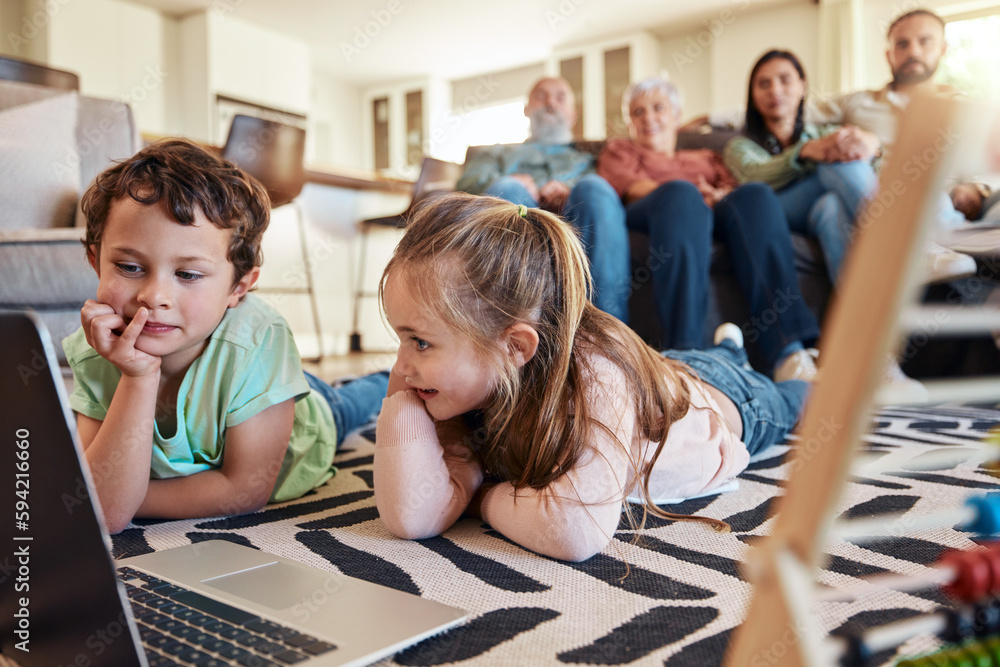 Laptop, floor and children with family relaxing on sofa for online education, home development and watch movies together. Happy kids on carpet with computer and grandparents on couch for holiday film Laptop, floor and children with family relaxing on sofa for online education, home development and watch movies together. Happy kids on carpet with computer and grandparents on couch for holiday film