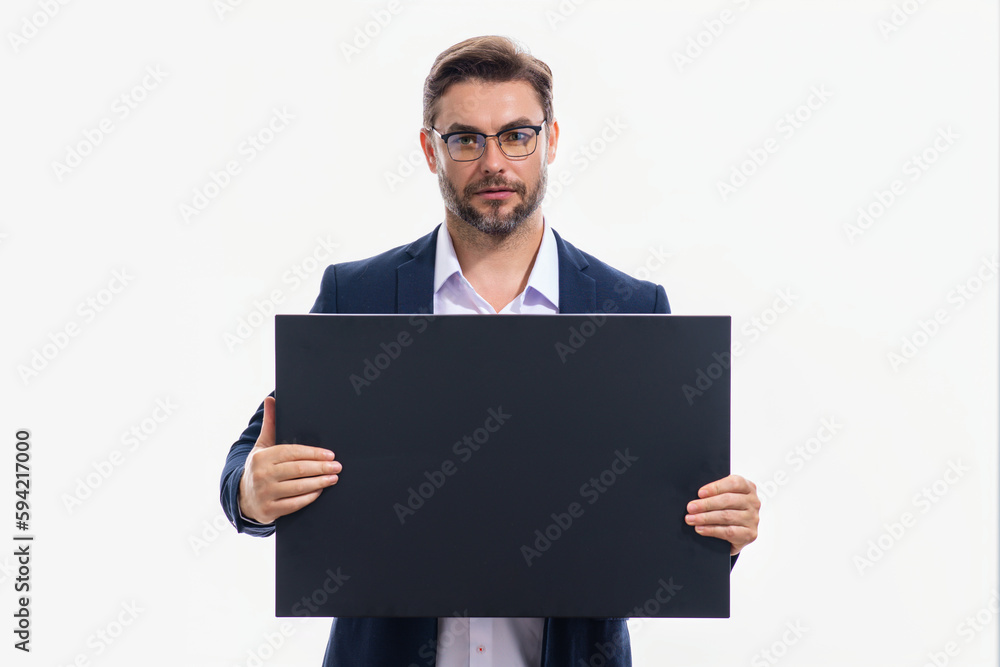 Information concept. Man with blank placard. Demonstrating copy space for your text or design. Man showing empty advertisement board on studio background. Blank placard with copy space, signboard. Information concept. Man with blank placard. Demonstrating copy space for your text or design. Man showing empty advertisement board on studio background. Blank placard with copy space, signboard.